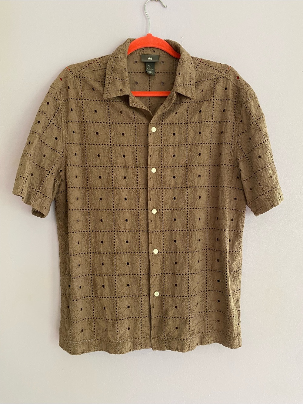 H&M Brown Short-Sleeve Eyelet Button-Down Shirt
